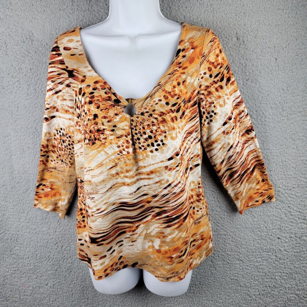 Chicos Top Blouse Womens Medium Orange Brown Beige Scoop Neck Keyhole Stretchy